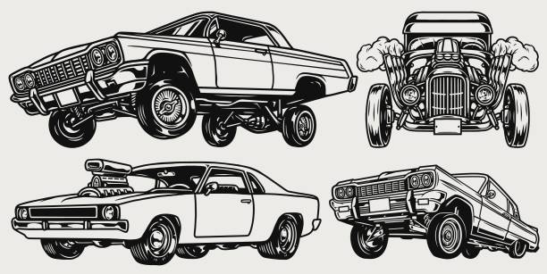 ретро пользовательских автомобилей состав - low rider stock illustrations