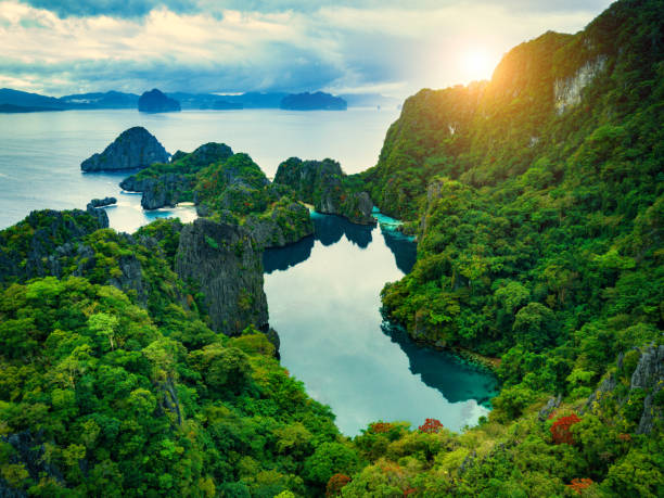 El Nido, Palawan, Philippines, Aerial View El Nido, Palawan, Philippines, aerial view of beautiful lagoon in the Bacuit archipelago. philippines landscape stock pictures, royalty-free photos & images