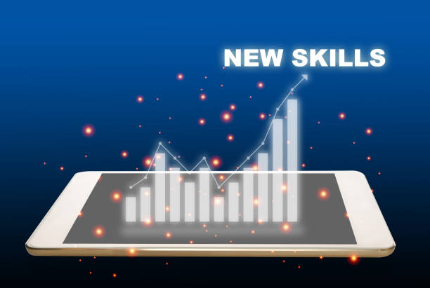 New skills with growth graph on digital tablet computer on abstract background