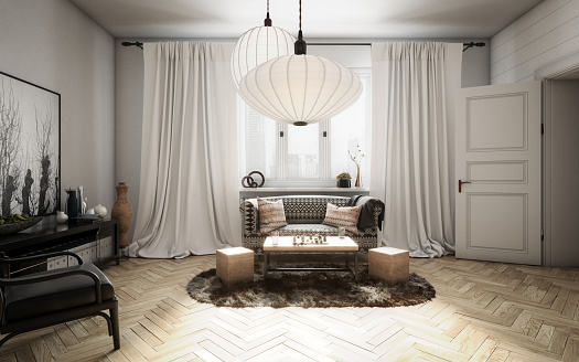 Digitally generated elegant Scandinavian style living room interior design.\n\nThe scene was rendered with photorealistic shaders and lighting in Autodesk® 3ds Max 2020 with V-Ray 5 with some post-production added.