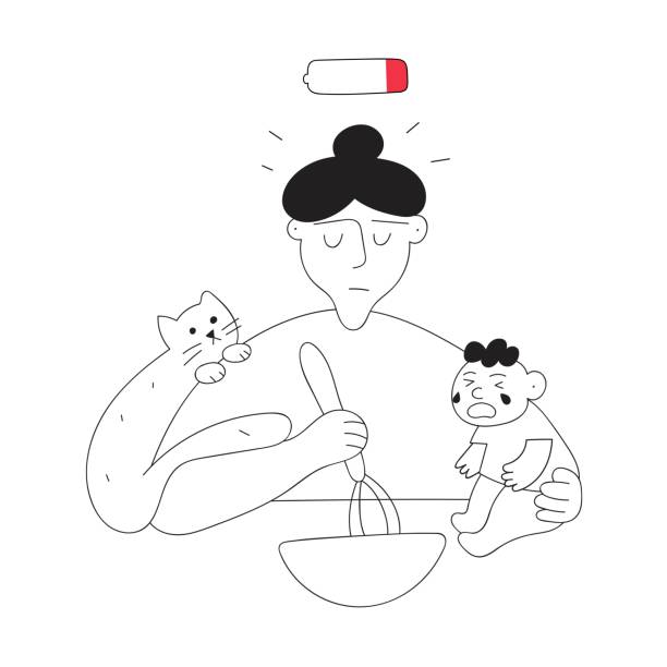 illustrazioni stock, clip art, cartoni animati e icone di tendenza di madre stanca che cucina e tiene in braccio il bambino. - mother emotional stress exhaustion cooking