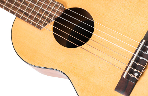 wooden guitar six-string closeup on white background