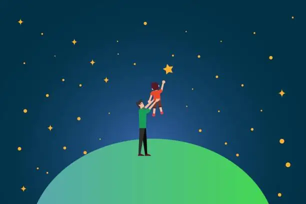 Vector illustration of Father lifting his son for reaching the stars