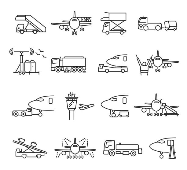 Collection of linear airport ground support icons vector illustration. Transport service machinery Collection of linear airport ground support icons vector illustration. Set of different monochrome transport service machinery isolated on white. Bundle of transportation for delivery or shipping passenger boarding bridge stock illustrations