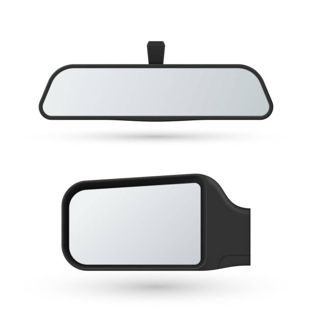 Set of automobile rear view mirrors vector illustration. Back glass reflection for control behind Set of realistic automobile rear view mirrors vector illustration. Back glass reflection for control behind panorama security road traffic vehicle isolated on white. Transportation protection observe rear view mirror stock illustrations