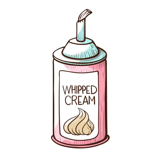 Vector illustration of Whipped cream aerosol can vector flat illustration. Bottle with sweet for decorating desserts