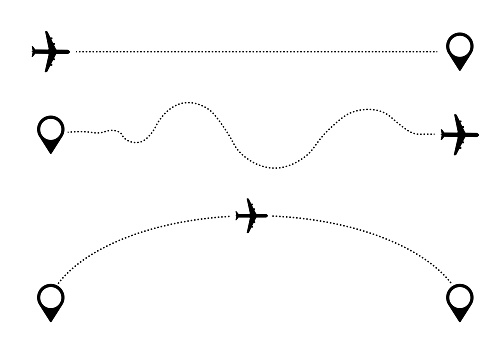 air travel pictograms with destination marker symbol and plane icon connected with dotted line vector illustration