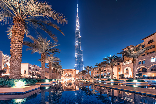 October 2015 - Dubai, UAE - Burj Khalifa tower viewed from Souk Al Bahar in Dubai
