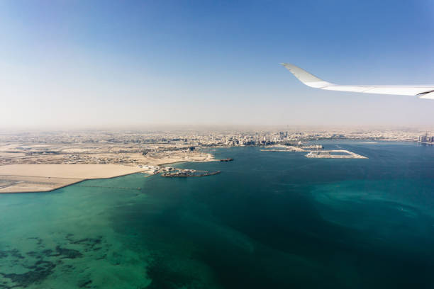 Beautiful panoramic top view sandy desert and transparent perfect clarity sea water.