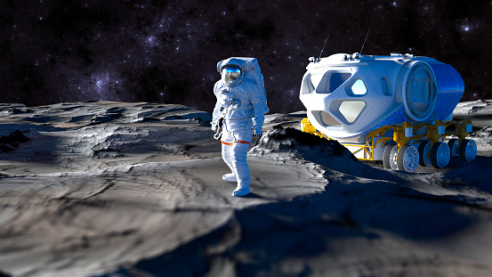 Chinese astronauts working on Moon base. This is entirely 3D generated image.
