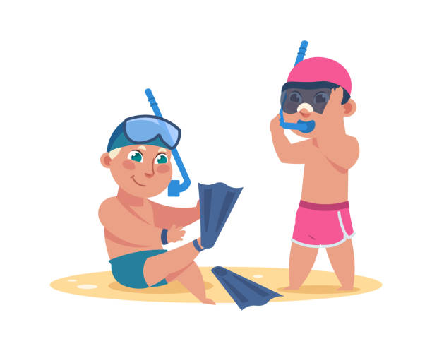 Kids At Beach Cartoon Children Wear Fins And Snorkel Boys Diving In Sea  People Prepare To Underwater Swimming Characters Sit On Sand Active Summer  Vacation Vector Extreme Water Sport Stock Illustration -