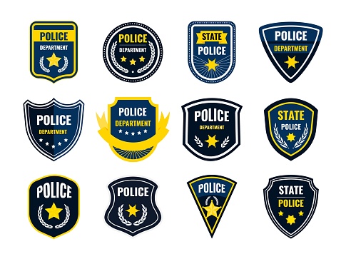 Police badge. Security department shield symbols. Federal government authority banners set. Isolated sheriff signs with yellow stars and white plant wreaths. Vector cop stickers or policeman patches