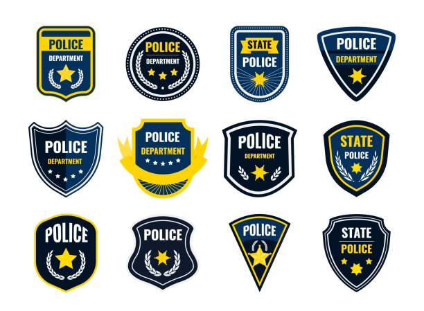Police badge. Security department shield symbols. Federal government authority banners set. Sheriff signs with yellow stars and plant wreaths. Vector cop stickers or policeman patches Police badge. Security department shield symbols. Federal government authority banners set. Isolated sheriff signs with yellow stars and white plant wreaths. Vector cop stickers or policeman patches police badge illustrations stock illustrations