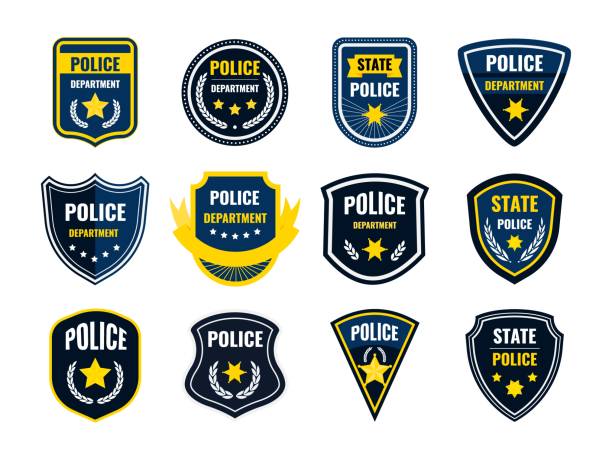Police badge. Security department shield symbols. Federal government authority banners set. Sheriff signs with yellow stars and plant wreaths. Vector cop stickers or policeman patches Police badge. Security department shield symbols. Federal government authority banners set. Isolated sheriff signs with yellow stars and white plant wreaths. Vector cop stickers or policeman patches republic logo pic stock illustrations