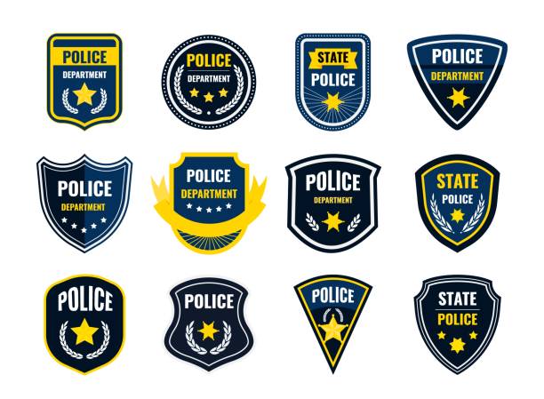 Police badge. Security department shield symbols. Federal government authority banners set. Sheriff signs with yellow stars and plant wreaths. Vector cop stickers or policeman patches Police badge. Security department shield symbols. Federal government authority banners set. Isolated sheriff signs with yellow stars and white plant wreaths. Vector cop stickers or policeman patches ems logo stock illustrations