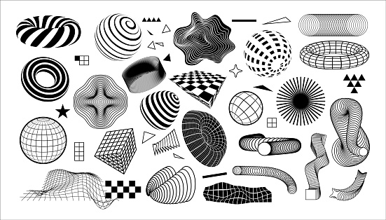 Modern geometric shapes. Abstract graphic design elements with dynamic effects. Isolated minimal black and white forms set. Concentric circles or grid textures. Vector checkered and striped figures