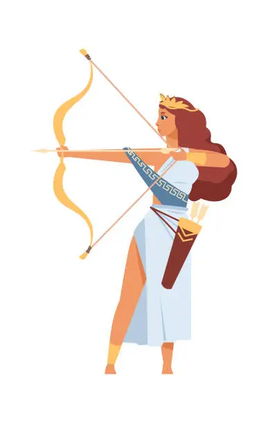 Vector illustration of Artemis Greek goddess. Ancient god of hunt. Cartoon mythological divine character shoots from golden bow. Young woman in white toga and wreath with arrows. Vector antique Olympic deity