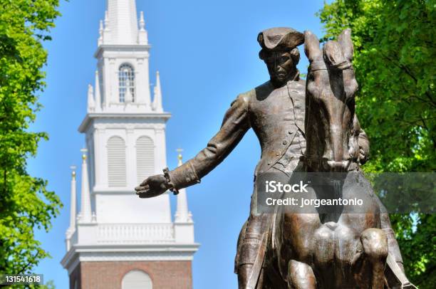 Paul Revere Statue And Old North Church Stock Photo - Download Image Now - Freedom Trail - Boston, Boston - Massachusetts, Paul Revere Statue