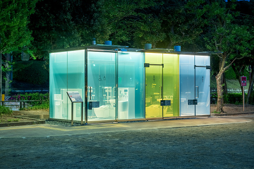 Transparent public toilets in Haru-no-Ogawa Community Park was designed by Pritzker Prize-winning architect Shigeru Ban.
For privacy, the glass walls become opaque once the occupant has entered and locked the door.
