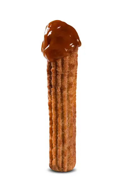Only churros stuffed with dulce de leche, white background.
