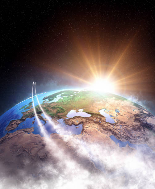 istock Spaceships around the World. Comets orbiting planet Earth. 1315418775