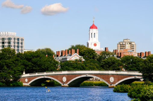 View of Harvard University and pedestrian bridge on Charles River in Cambridge, Massachusetts