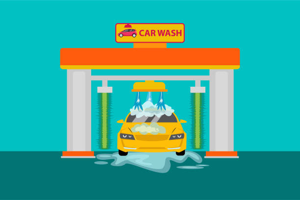 Tunnel car wash vector concept in cyan and green Tunnel car wash vector concept, over cyan and myrtle green background tunnel illustrations stock illustrations
