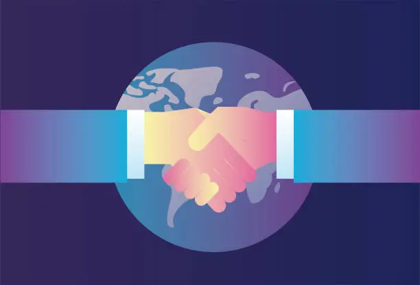 Vector illustration of International cooperation, shaking hands in front of the earth