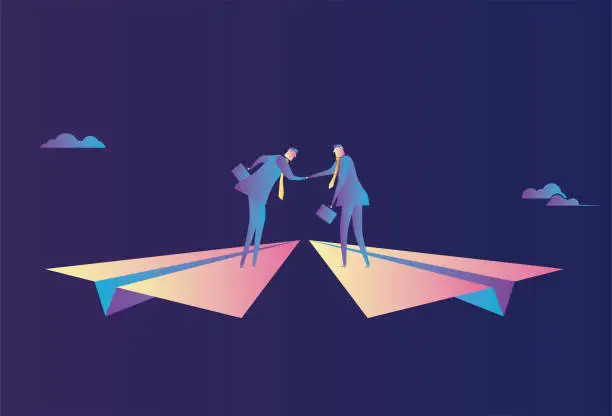 Vector illustration of Two business men standing on a paper plane and working together