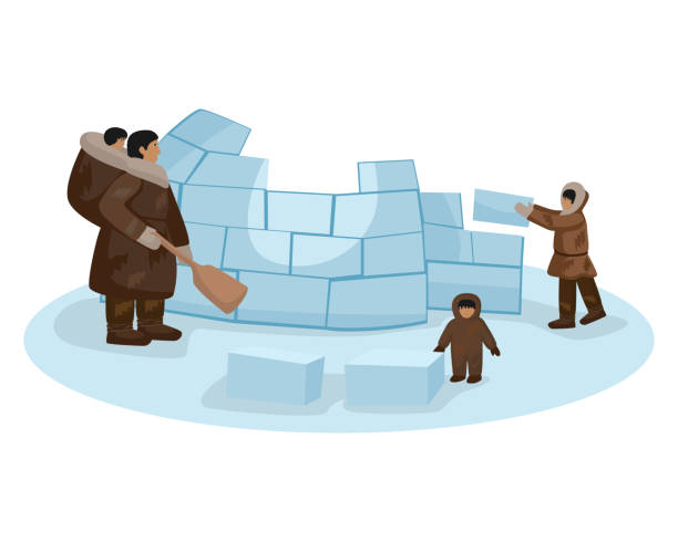 Composition Traditional family Eskimo constructing igloo from ice cubes isolated on white background. Woman and children building house with a shovel. Composition Traditional family Eskimo constructing igloo from ice cubes isolated on white background. Woman and children building house with a shovel. Character design vector illustration. inuit-family stock illustrations