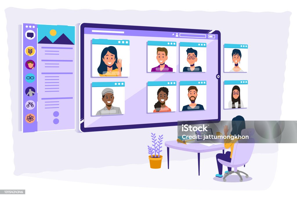Working together as a group with video conference. Working together as a group with video conference. Use technology for work at home. Business stock vector