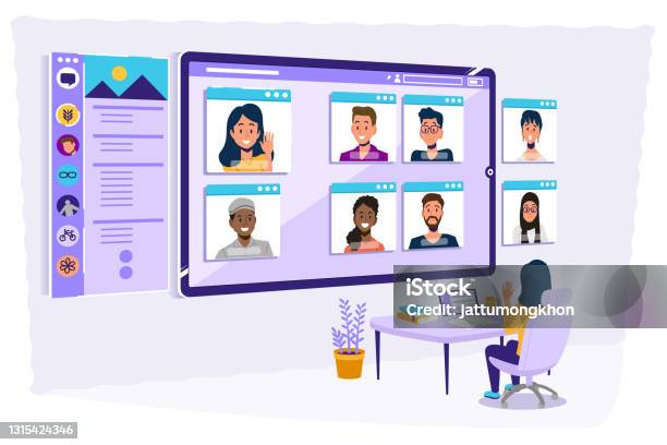 Working Together As A Group With Video Conference Stock Illustration - Download Image Now - Business, People, Classroom