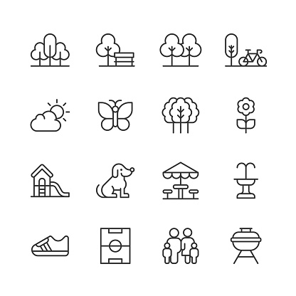 16 Park Outline Icons. Architecture, Barbecue, Basketball, Bench, Bike, Bird, Butterfly, Carousel, City, Countryside, Cycling, Direction, Dog, Environment, Family, Field, Fitness, Flower, Food, Forest, Fountain, Friendship, Garbage, Grass, Grill, Healthy Lifestyle, Landscape, Nature, Park, Plant, Playground, Restaurant, Running, Running Shoes, Soccer, Sport, Spring, Sun, Sun, Swing, Travel, Tree, Walk, Walking, Weather