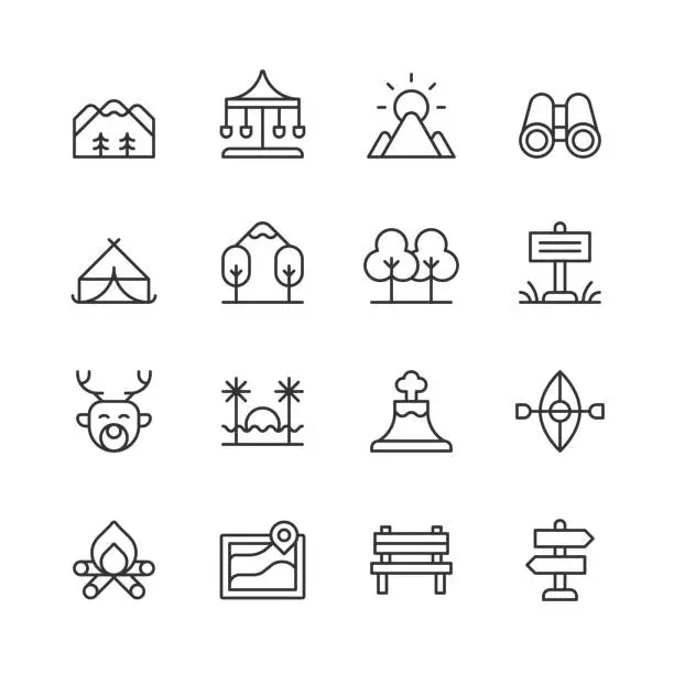 Vector illustration of Outdoors Line Icons. Editable Stroke. Pixel Perfect. For Mobile and Web. Contains such icons as Camping, Cycling, Forest, Hiking, Mountain, Nature, Outdoors, Park, Sport, Summer, Sun, Survival, Tourism, Transport, Travel, Vacation, Vehicle, Wilderness