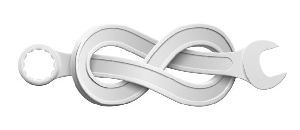 illustrations, cliparts, dessins animés et icônes de clé de boîte pliée en huit noeuds. outil tordu de réparation de spanner. symbole de force physique. illustration réaliste de vecteur d’isolement. - chrome metal tied knot twisted