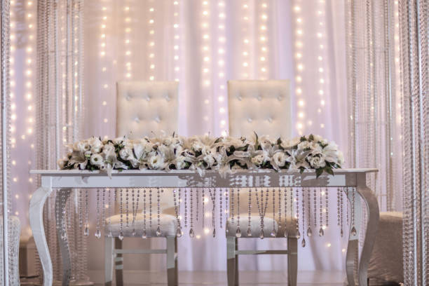Wedding reception table for wedding couple with bride and groom wording