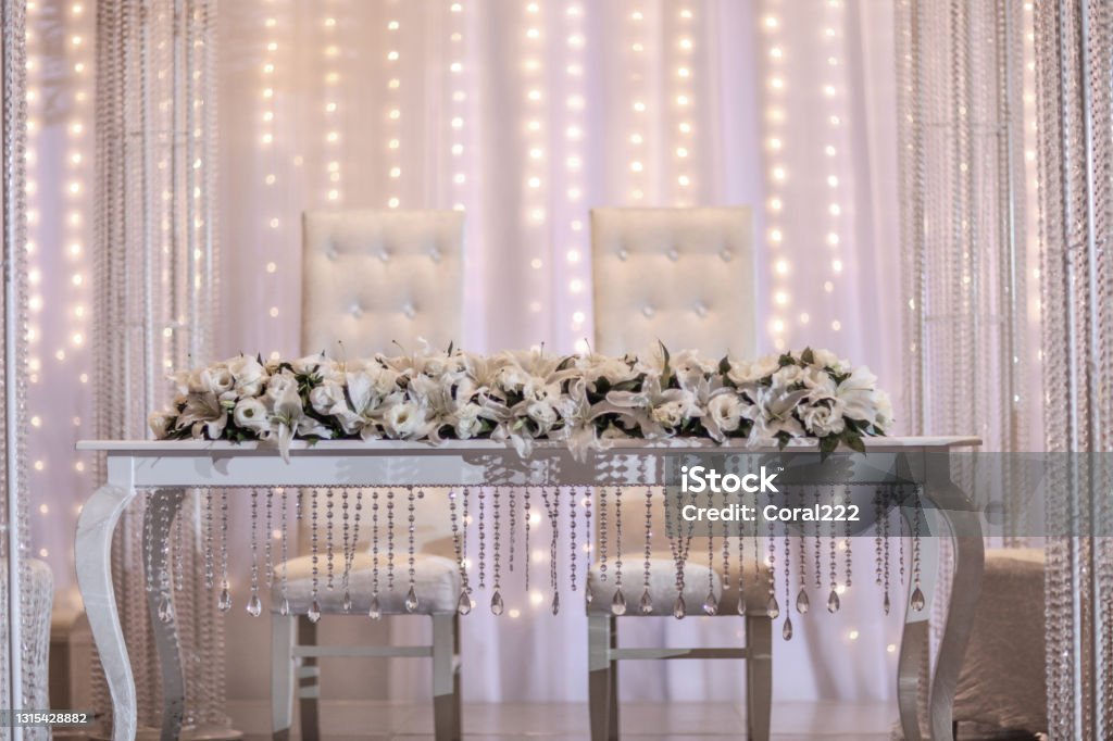 Wedding reception table for wedding couple with bride and groom wording Wedding Stock Photo