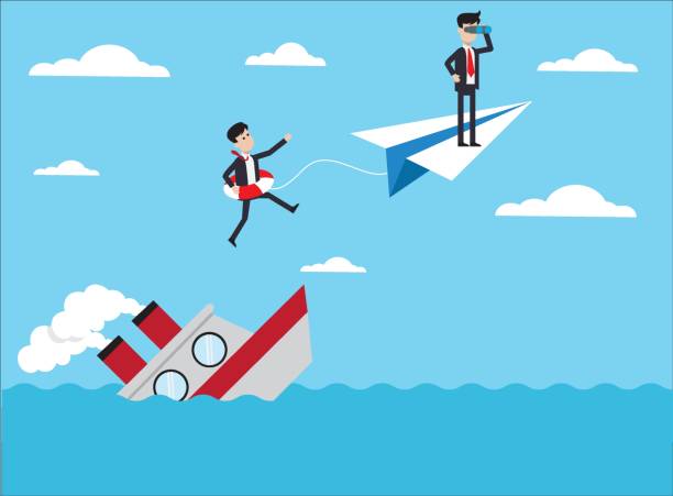 Businessman saving his colleague from shipwreck Business shipwreck vector concept with male figures wearing suits while saving the other from the shipwreck, using the paper plane and telescope sinking ship vector stock illustrations