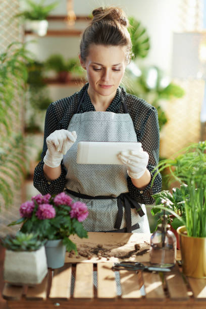 istock woman in rubber gloves in sunny day using tablet PC 1315431251