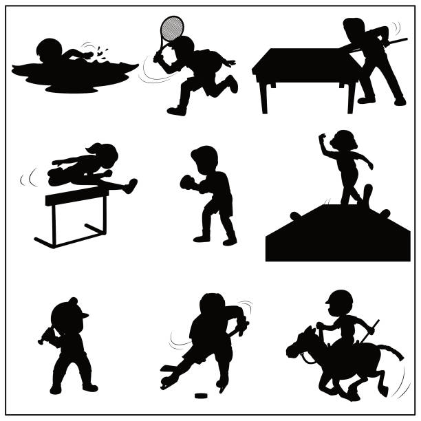 A set of black silhouette cartoon pictures about 9 sports: tennis, swimming, snooker, hurdles, boxing, bowling, baseball, ice hockey and horse riding hockey. Used for teaching materials for children. To learn to do sports activities A set of black silhouette cartoon pictures about 9 sports: tennis, swimming, snooker, hurdles, boxing, bowling, baseball, ice hockey and horse riding hockey. Used for teaching materials for children. To learn to do sports activities. swimming silhouettes stock illustrations
