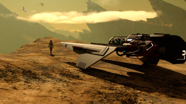 Space traveler exploring a new planet and facing alien flying creatures
