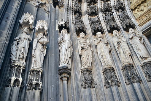 Cologne Germany May 8, 2016 The Beautiful carvings on the front entrance way for this magnificent Gothic Cathedral