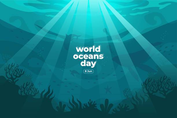 세계 대양일 6월 8일. 우리의 바다를 저장합니다. 실루엣 물고기는 아름다운 산호와 해초 배경 벡터 일러스트와 함께 수중 수영했다. - silhouette earth globe environmental conservation stock illustrations