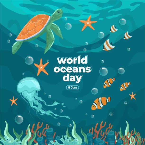World oceans day 8 June. Save our ocean. Sea turtle, jellyfish and fish were swimming underwater with beautiful coral and seaweed background vector illustration. World oceans day 8 June. Save our ocean. Sea turtle, jellyfish and fish were swimming underwater with beautiful coral and seaweed background vector illustration. ocean life stock illustrations