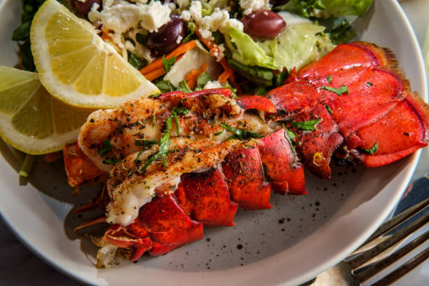 Lobster Tail Greek Salad Grilled lobster tail served with fresh Greek salad with sliced lemon and melted butter for dipping tail fin photos stock pictures, royalty-free photos & images