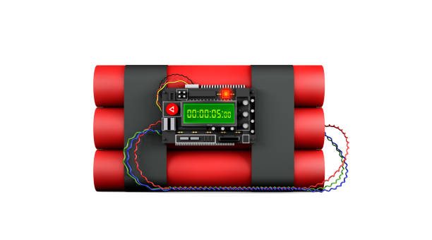 3D rendering, Realistic close up the dynamite bomb with digital countdown in 5 second, front side view shot, isolated on white background.