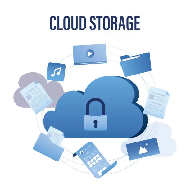 Vector illustration of Cloud storage concept banner. Upload and download data with remote servers via cloud technologies. Protected storage of information,