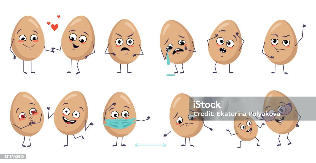 Set Of Cute Egg Characters With Emotions Face Arms And Legs Happy Easter  Decoration Smiling Or Sad Food Heroes Falling In Love Masked Distance  Dancing Or Crying Stock Illustration - Download Image