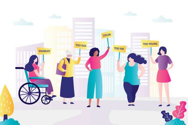 orang-orang dengan karakteristik yang berbeda saat demonstrasi dengan poster. wanita diskriminasi dengan fitur yang berbeda - stereotipe ilustrasi stok