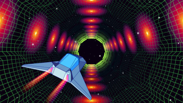 Arcade space ship flying to the gateway in green corridor 3D landscape with docking lights. 80s style synthwave or retrowave illustration for music banner or cover.
